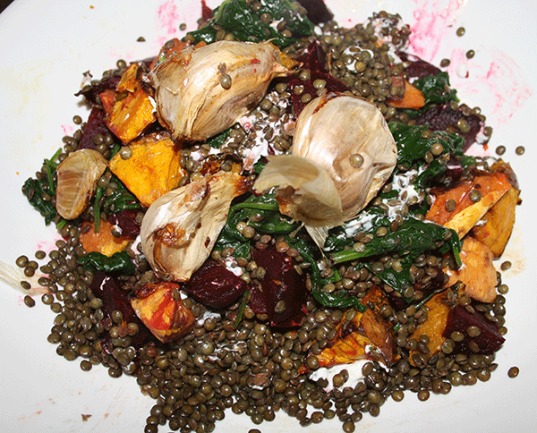 Puy lentils and garlic cooked